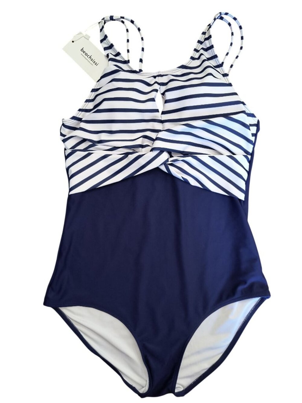 Beachsissi Blue White Striped One Piece Swimsuit Twisted Front Adjustable Strap